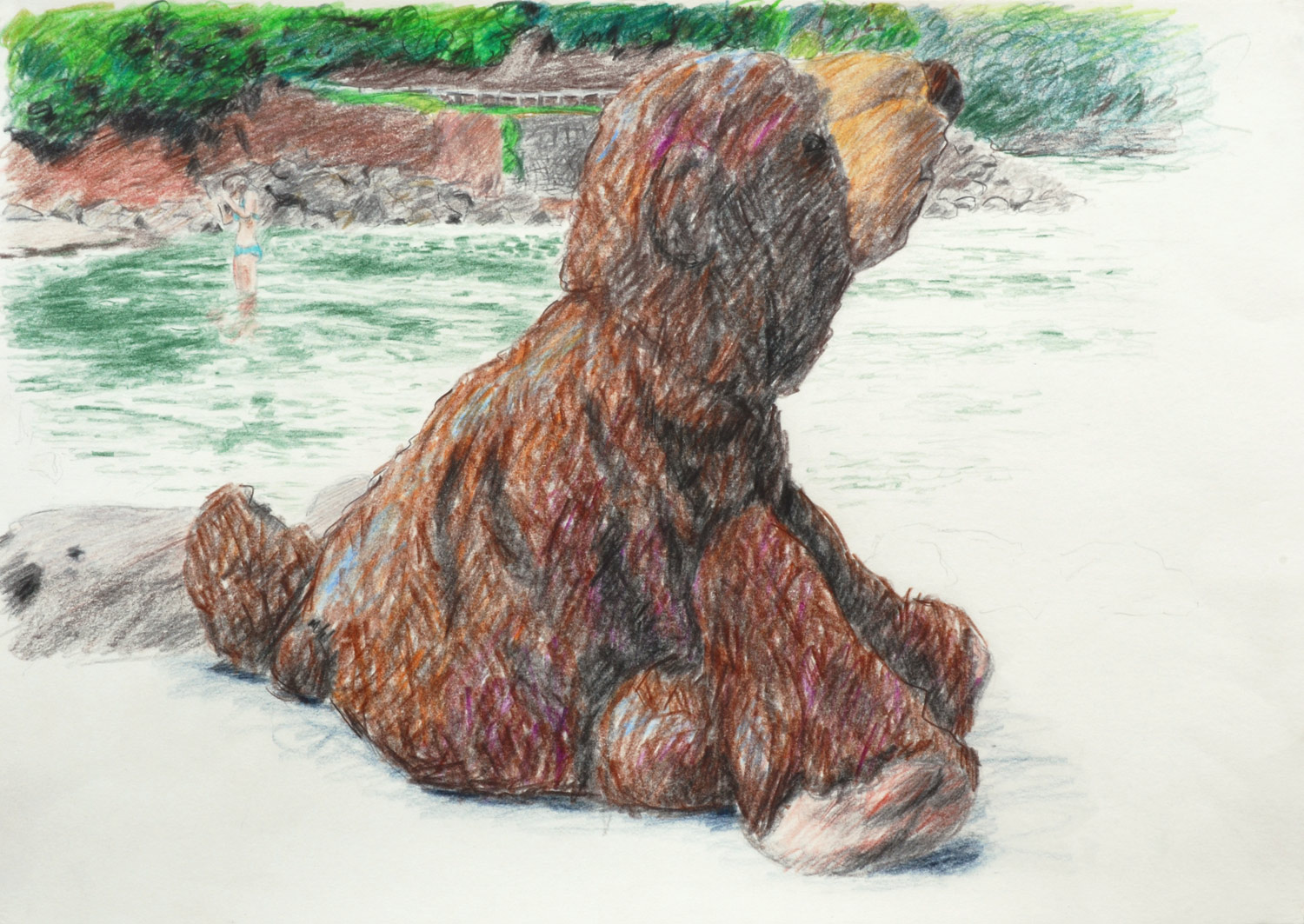 Martina Büttner drawing bear in front of the sea, 2009