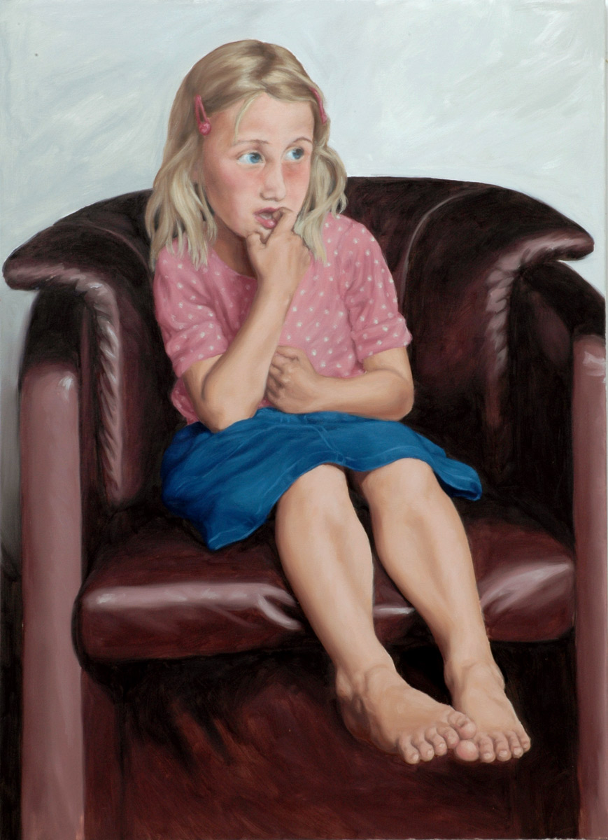 Martina Büttner painting portrait in pink shirt, 2007